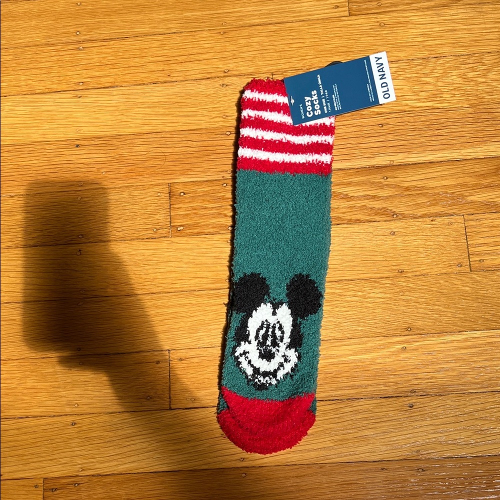 Old Navy Green and Red Mickey Mouse Fuzzy Crew Socks